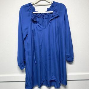 Wai Ming 100% Silk Blue Lattice Detailed Long Sleeve Dress Missing Belt Small